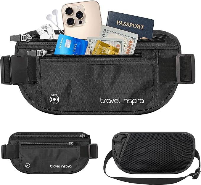 travel inspira RFID Hidden Money Belt Slim Anti Theft Travel Wallet | Passport Holder for Travel Concealed under Clothes for Ultimate Protection of Credit Cards, Cash, Passport & Documents, Black