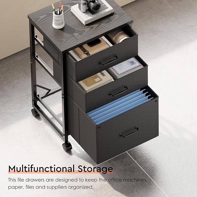 3 Drawer File Cabinet with Wheels with Open Storage Shelf, Black | Rolling Printer Stand Fabric Lateral Filing Cabinet for Home Office
