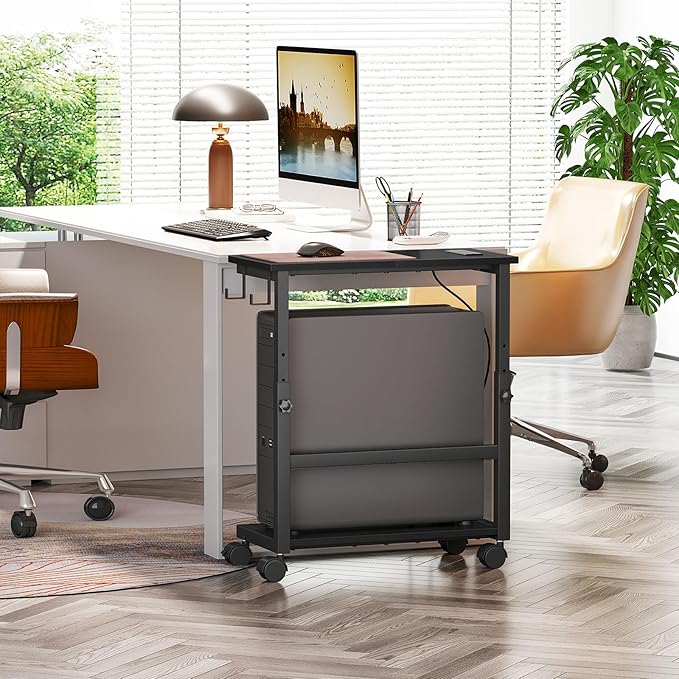 Snughome Computer Tower Stand with Charge Station, 25.0"-32.1" Height Ajustable PC Tower Stand for Floor, Mobile CPU Holder Cart for Carpet with Hooks, PC Cart for Gaming Office Home