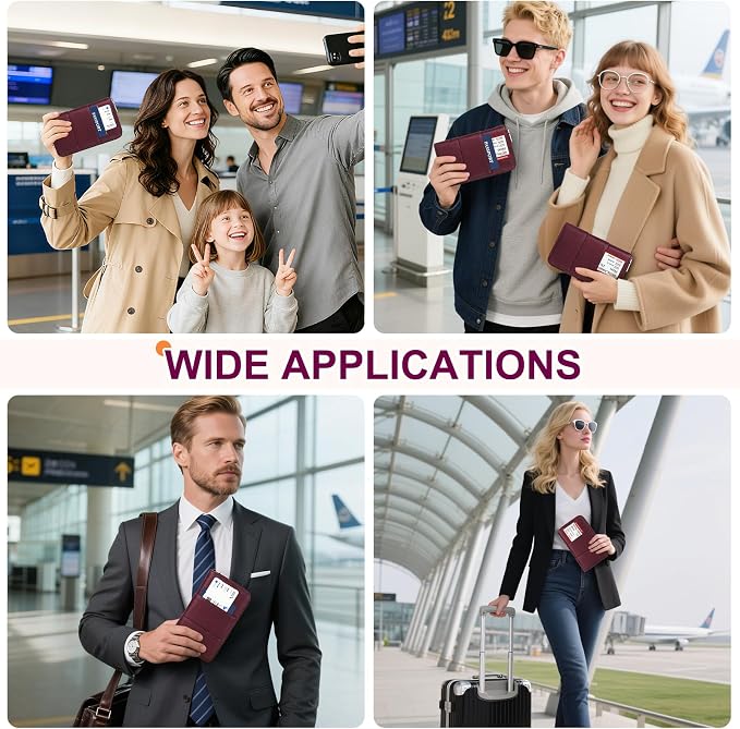 RFID Family Passport Holder Wallet - Travel Document Organizer | PU Leather, with Wristlet, Zipper, Cards, Boarding Pass, ID, Cash, Ticket Pockets,Travel Essentials Gifts for Women Men