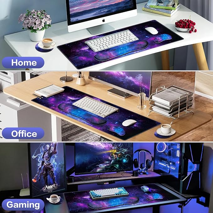 Mouse Pad Galaxy with Wrist Rest, 4-in-1 Large Mousepad Keyboard | Wrist Rest+Mouse Pad Wrist Support+Cup Pad Set,Ergonomic Mouse Pad,Memory Foam Desk Mat for Office Gaming(35.4×15.7in)