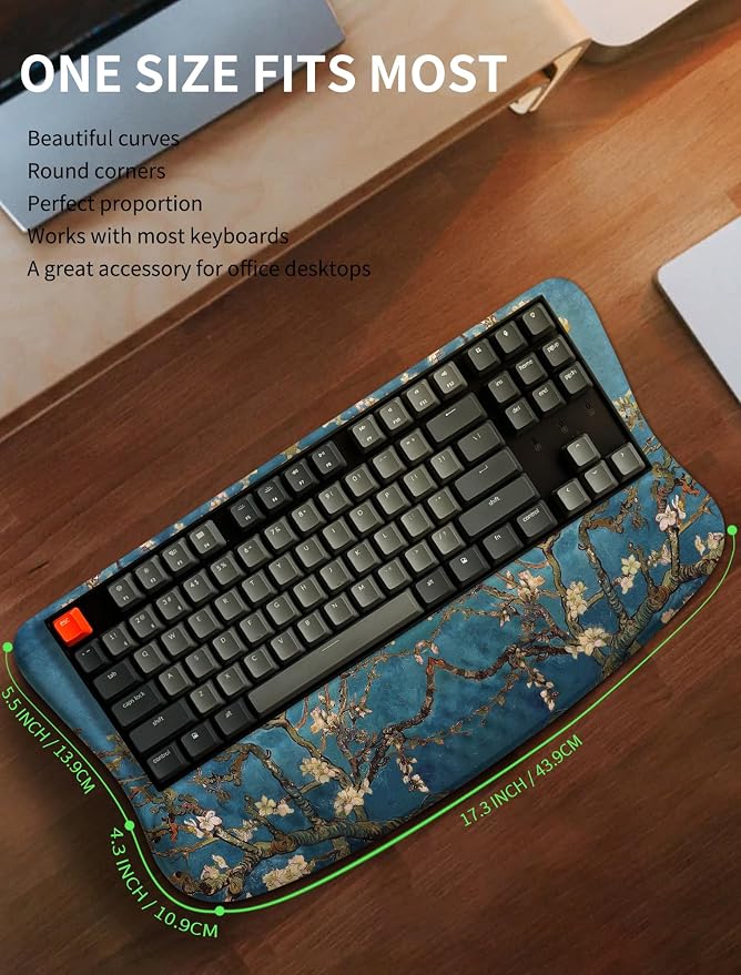 Ergonomic Wave Wrist Rest with Keyboard Stand, Cushioned Palm Rest, Comfortable Integrated Memory Foam for Natural Typing and Relieve Wrist Pain, Van Gogh Apricot Blossom