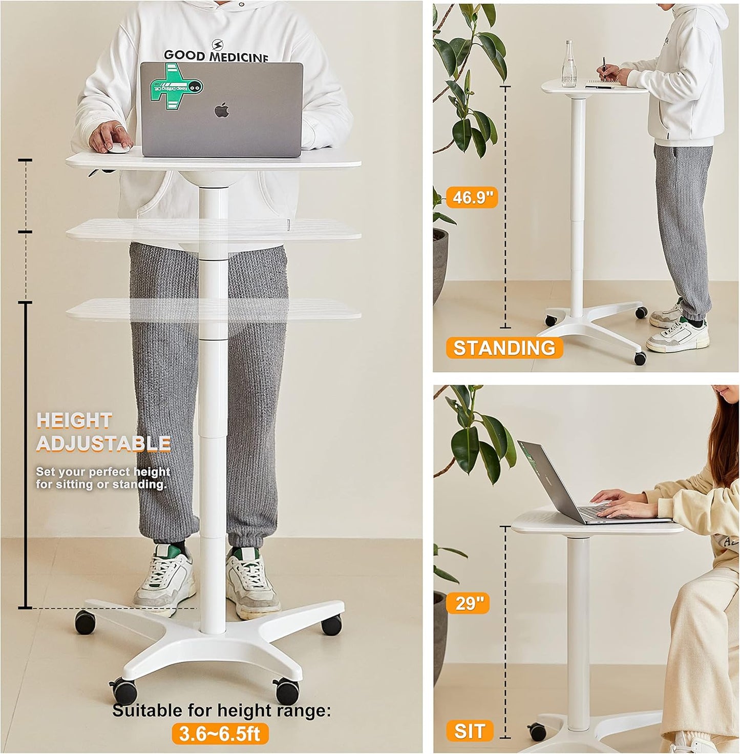 47" Mobile Standing Desk(26" W*19.3" D), Adjustable Height Laptop Desk, Pneumatic Desk with Gas Spring Riser, Podium for Home, Office,Classroom,Medical, (29" to 46.9" H) (White)