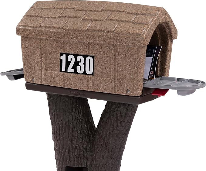 Simplay3 Rustic Home Plastic Residential Cabin Mailbox & Post Mount Combo Kit with 2 Access Doors - Sandstone, Made in USA