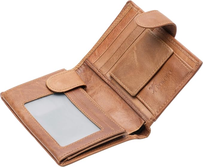POKOFO Large RFID Genuine Leather Card Holder Trifold Wallet Snap Closure 3 ID Windows for men