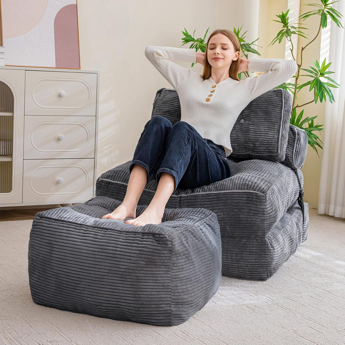 HIGOGOGO Square Stuffed Pouf Ottoman, Corduroy Poufs with Foam Chunk Filling, Furry and Fluffy Pouf Foot Stool Storage Ottoman, 21 X 21 Floor Poufs Foot Rest for Living Room, Dark Grey