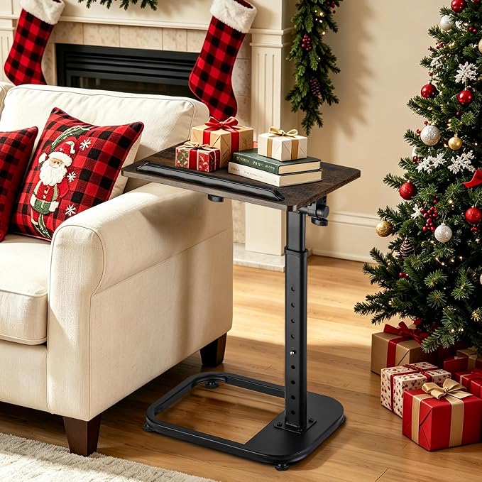 facka Adjustable Height TV Tray Table for Couch Eating, Laptop Small Spaces | C Shaped Flip-Top Couch Table, 9-Level 20-31 in Height Range, Rounded Corners, Sofa Side Table Brown