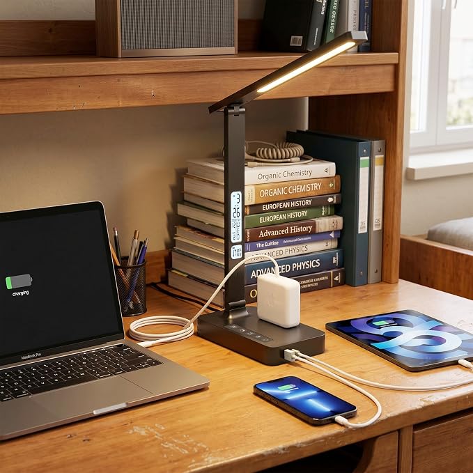 Infiway Desk Lamp with USB Charging Port: LED Stepless Dimmable Eye Caring Desk Light for Home Office - 1 Type-C, 1 USB-A Charging Port, 2 AC Power Outlets, Multiple Light Modes for Study and Bedroom