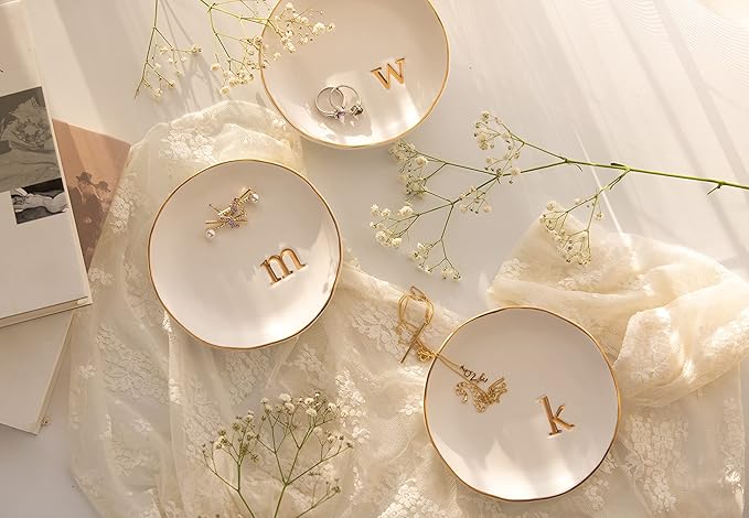 COLLECTIVE HOME Ceramic Jewelry Tray, Trinket Dish, Gifts for Women (K) | Mother's Day, Birthday, Christmas, Engagement Gifts, Vanity, Nightstand Decor, Embossed Gold Monogram Ring Dish with Gift Box