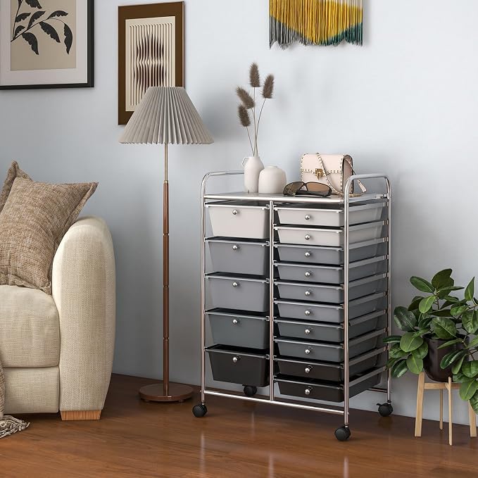 BECOMFORT 15-Drawer Rolling Cart with Drawers, Storage Cart on Wheels, Teacher Classroom Organizers with Metal Frame, Mobile Craft Cart for Tools, Trolley Utility Cart for School Office Play Room