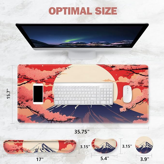 ToLuLu Large Mouse Pad Desk Pad Set, Wrist Rest Support Desk Mat for Keyboard Mouse, 4PCS 35.4”x15.7 XXL Giant Mouse Pad, Non-Slip Base Mousepad Office Desk Decor, Japanese Moon Red Cherry Blossom
