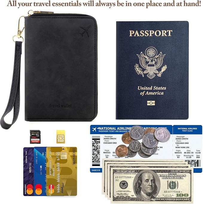 Family Passport Holder for Travel Women and Men RFID Blocking Passport Holder with Zipper Multi-functional Passport Wallet Passport Case Passport cover Travel Essentials