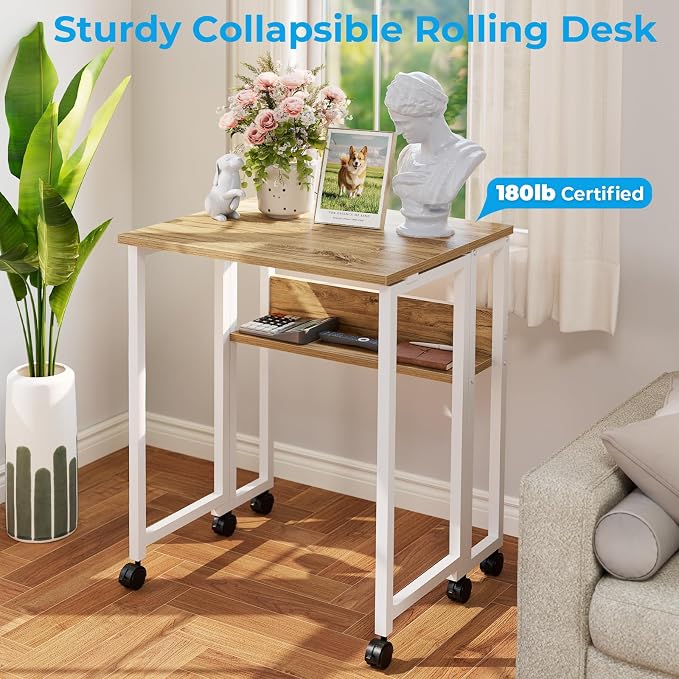 GreenForest Folding Desk with Wheels, 31.5" Rolling Table for Small Spaces | Storage Shelf, Lockable Casters, Compact Portable Workstation, Space-Saving Foldable Sofa Table, Home Office, Mobile, Oak