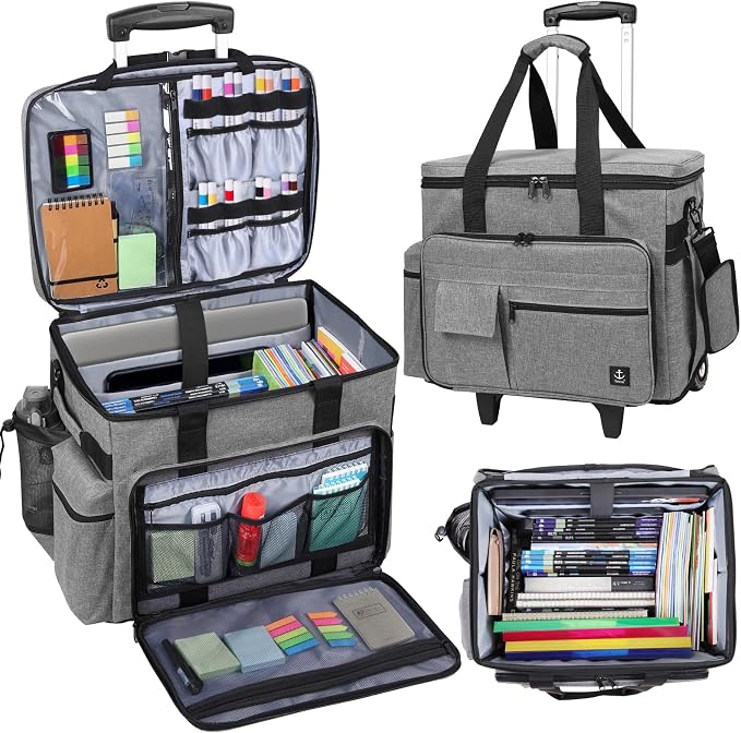Rolling Teacher Bag Built-in Hard Support Board With Detachable Trolley | Waterproof nylon,35L large space,Multiple storage pockets,Fits 15.6 Inch Laptop