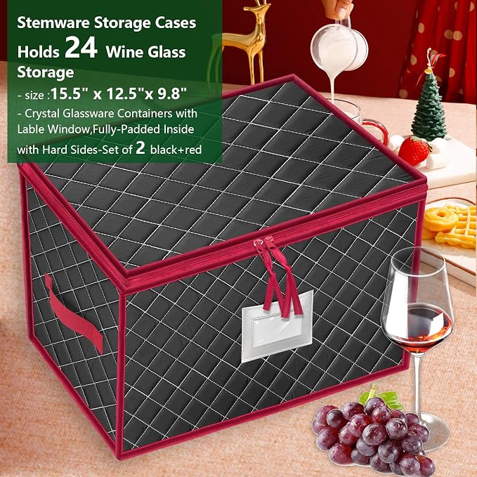 Christmas Stemware Storage Cases with Dividers- Holds 24 Wine Glass Storage or Crystal Glassware Containers, China Storage Containers with 2 Handles and Lable Window -Set of 2 Black