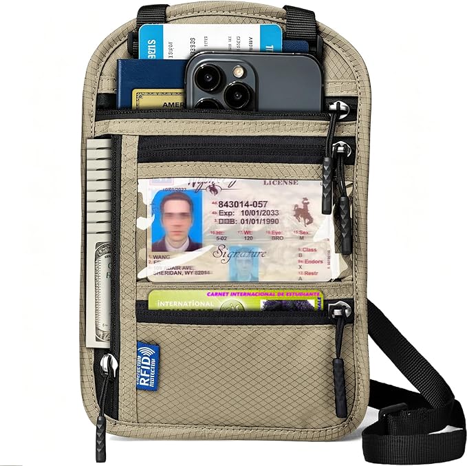 Neck Wallet for Travel, RFID Blocking Passport Holder - Slim Travel Pouch with Adjustable Strap | Holds Phone, Cards, Cash, Documents | Water-Resistant & Secure for Men & Women