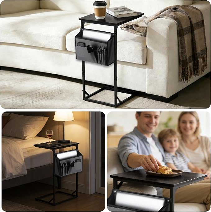 C Shaped End Table for Couch, Small Side Table for Living Room & Bedroom, Slide Under Sofa Table for Laptop, Coffee, Snacks, Easy Assembly, Modern Design