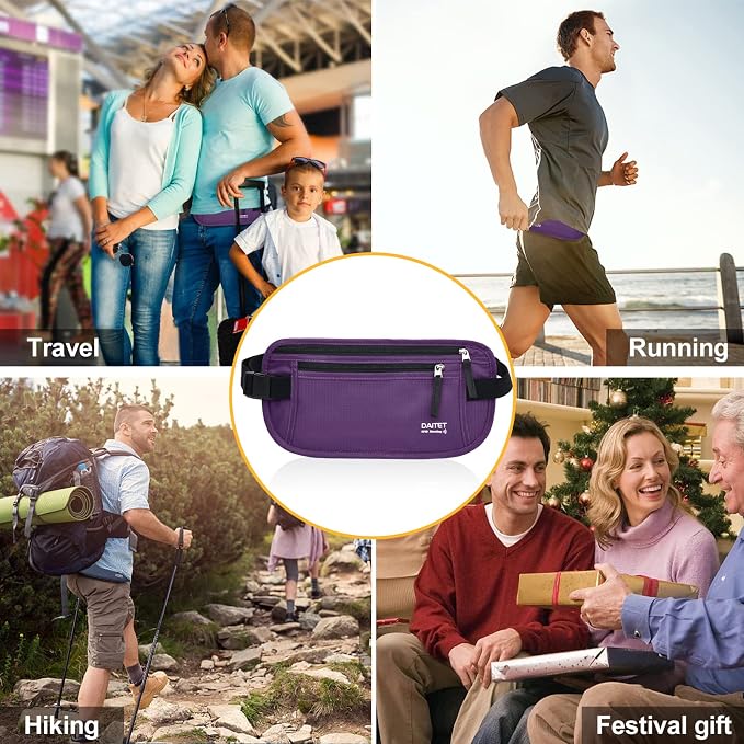 RFID Blocking Money Belt for Men Women, Slim Fanny Pack For Travel,Running,Conceal Waist Wallet For Passport Holder,Phone,Cash(Dark Purple), Dark Purple, Rfid Blocking & Belt Wide:1inch
