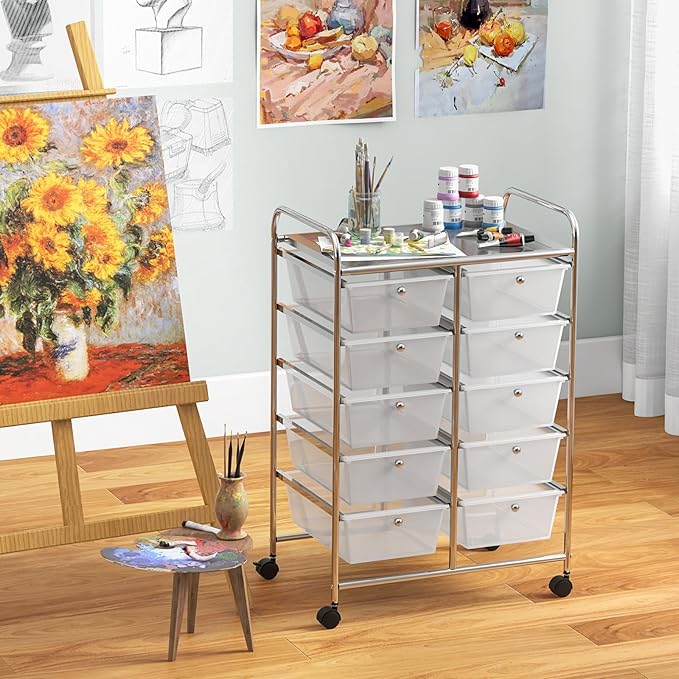 BECOMFORT 10-Drawer Rolling Cart with Drawers, Storage Carts on Wheels, Teacher Classroom Organizers with Metal Frame, Mobile Craft Carts, Trolley Utility Cart for School Office Play Room