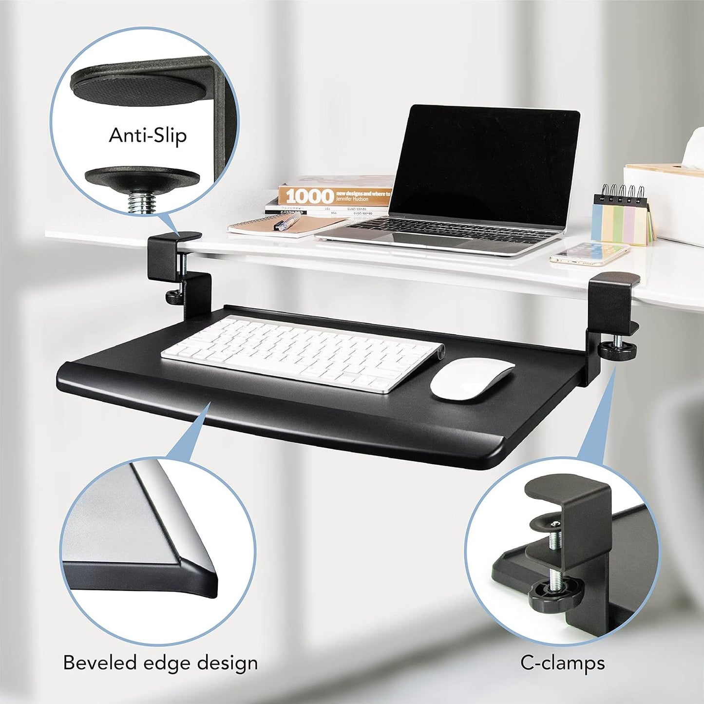 EHO Clamp-On Retractable Adjustable Keyboard Tray, Under Desk Ergonomic Keyboard Tray - Easy Tool-Free Install - Small Surface 20" (24.8" Including Clamps) x 11.5"