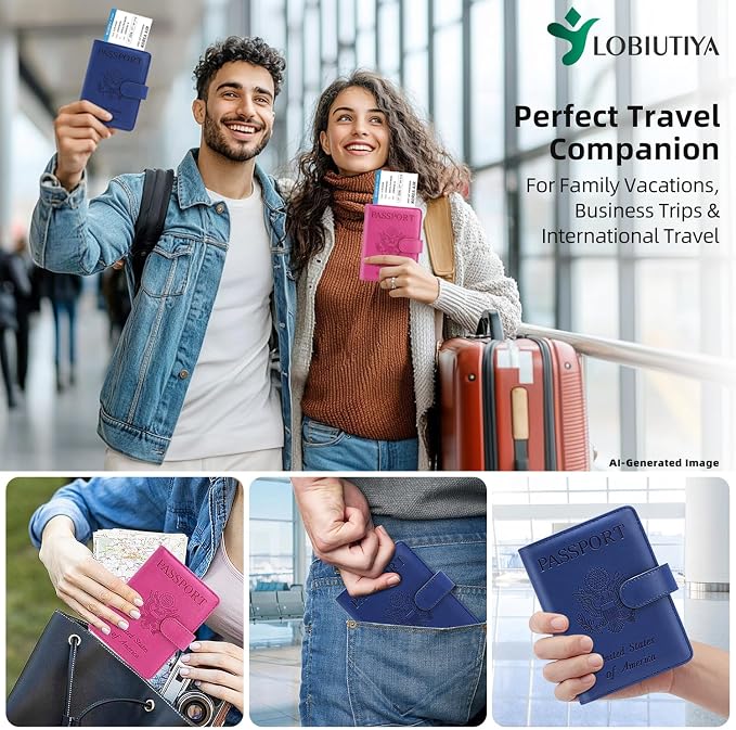 Passport Holder For Travel with Slot for AirTag & Luggage Tag Cover – RFID Blocking Travel Passport Wallet for Women/Men/Family | PU Leather Passport Case with Extra Money Pocket, Blue