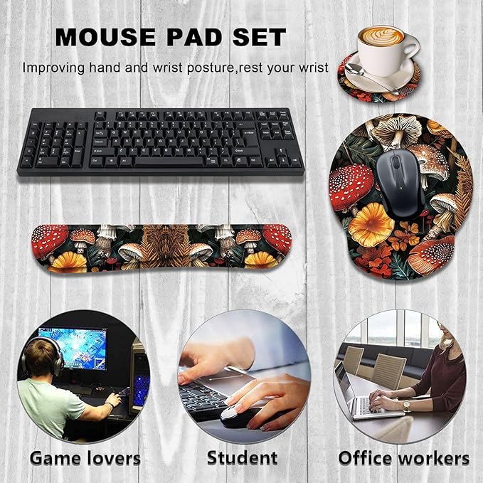 Keyboard Wrist Rest and Mouse Wrist Rest Pad with Cup Coaster,Made of Memory Foam,Ergonomic Support,Easy-Typing and Pain Relief,for Gaming Office Home Computer,Cute Forest Mushroom