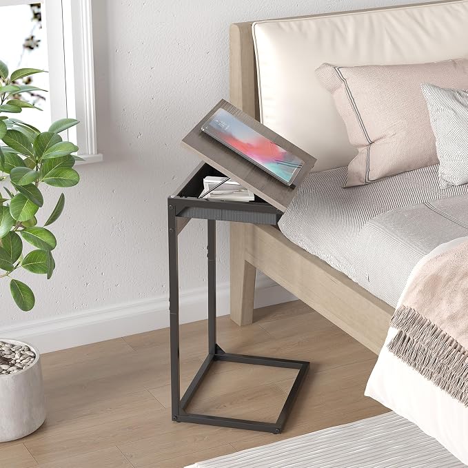 sthmec C Shaped End Table with Charging Station,45° Tiltable Adjustable Flip Top Side Table Set of 2,Small C Table Set 2 for Small Spaces,Slide Under Couch Sofa Bedside Table Living Room,Grey