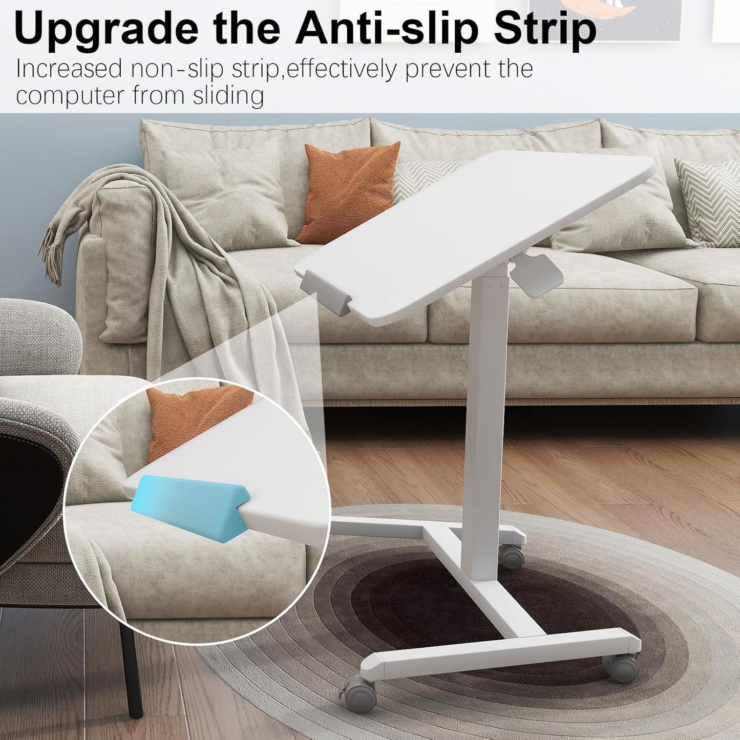 PUNCIA 90°Tiltable Small Standing Desk with Stoppers Mobile Rolling Laptop Table on Wheels Pneumatic Adjustable Height Computer Workstation Stand Up Cart Bedside Overbed Table for Home Office White