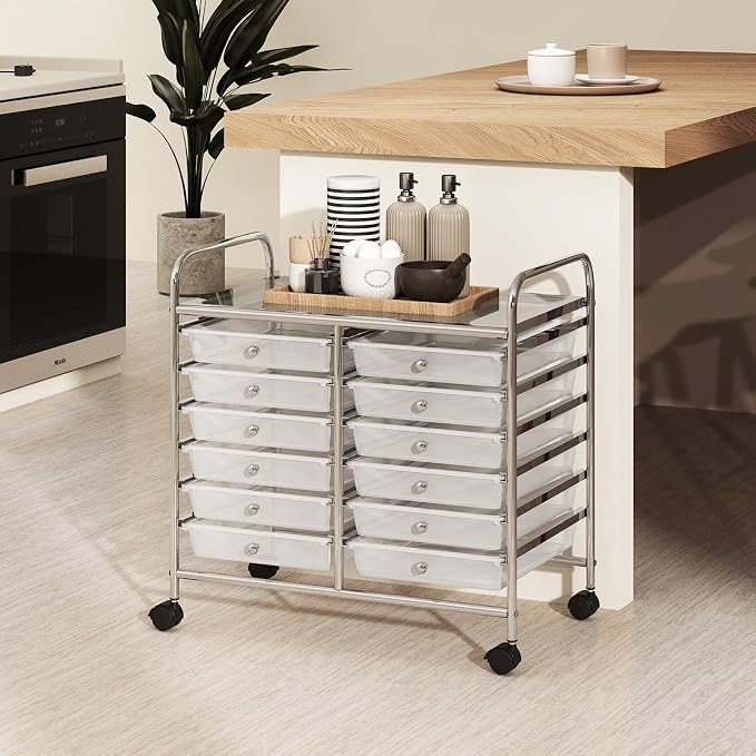 COSTWAY 12-Drawer Rolling Storage Cart, Utility Storage Organizer Cart | For Tools, Scrapbook, Paper, Craft, Multipurpose Art Supply Organizer on Wheels for Home Office School, Teacher, Clear