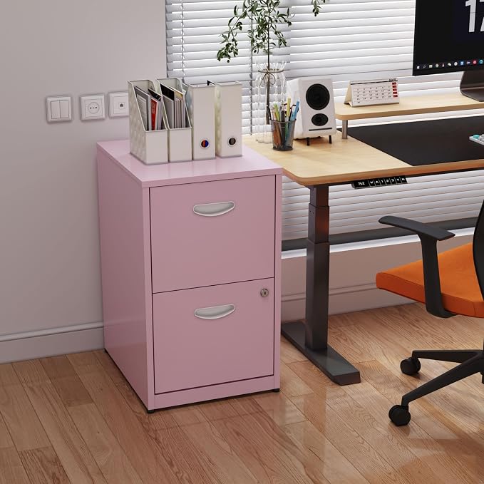 Polup 2 Drawer File Cabinet with Lock, Metal Filing Cabinet for Home Office | Small Locking Cabinet for Under Desk Storage, Printer Stand, Fits Letter Size, Pink, 26"H x 15"W x 18"D, Easy Assembly
