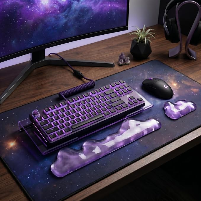 Acrylic Computer Keyboard Stand with Gel Mountain Wrist Rest Keyboard Riser with Comfortable Clear Silicone Mouse Wrist Pad Ergonomic Tilted Transparent Keyboard Holder for Desktop Office Purple