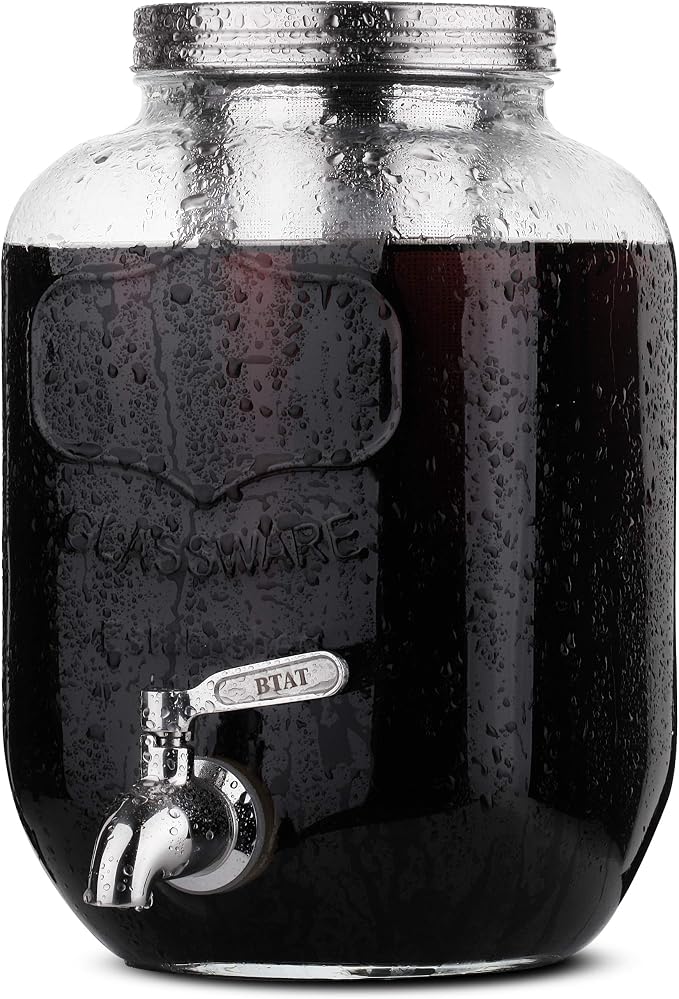 BTaT- 1 Gallon Cold Brew Coffee Maker, Thick Glass Pitcher | Stainless Steel Filter, Lid & Spigot Iced Coffee Sun Tea Brewer Mason Jar Cold Brew Container Fast Iced Tea Maker for Fridge