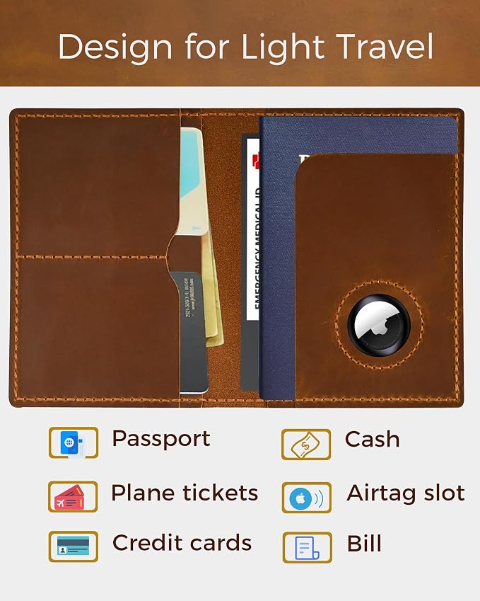 Passport Holder for Travel, Genuine Leather Passport Wallet Cover Case with Airtag Slot, RFID Blocking, for Women Men, Travel Essentials Gift, Brown