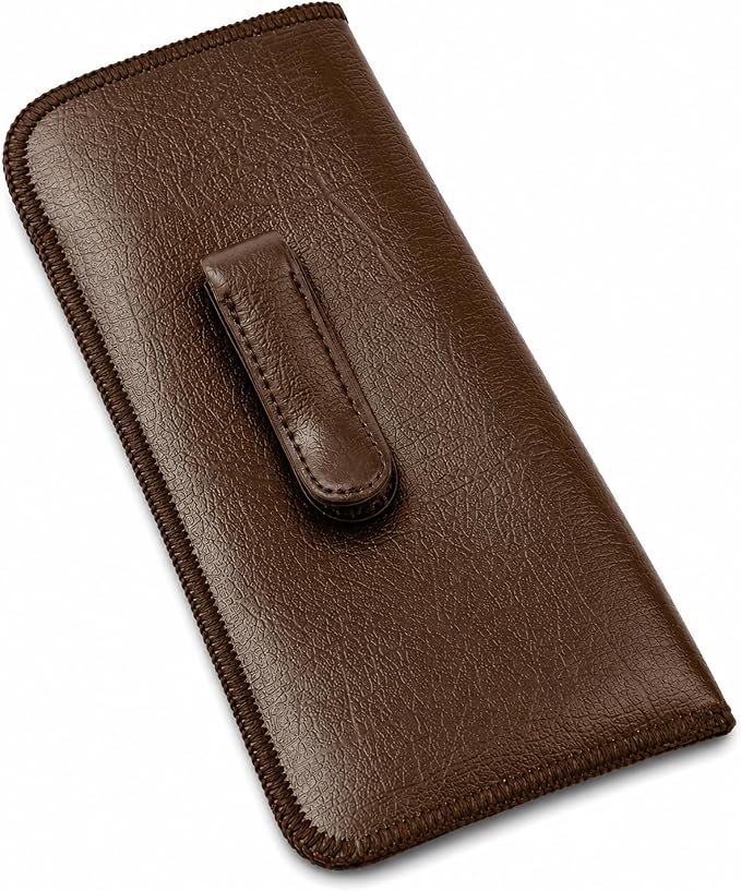 Calabria Soft Slip-In Glasses Case Pocket Metal Clip Brown (3 Pack) for Men/Women Synthetic Leather Felt Lining 6.5"x3"