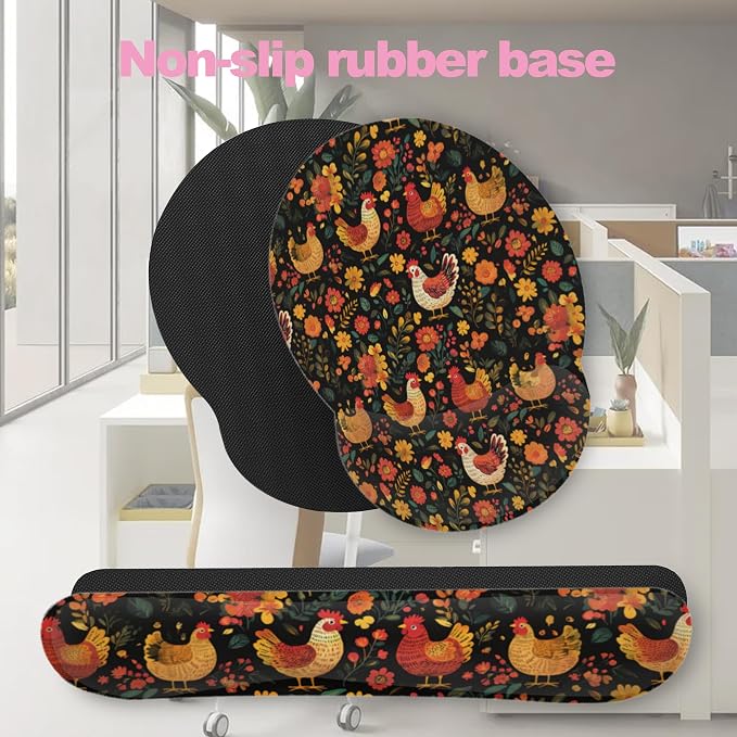 Chicken Rooster Hen Flower Meadow Mouse Pad with Wrist Rest Set,3-in-1 Wrist Support Mousepad Set,Gaming Mat Pad with Anti-Skid Base,Ergonomic Memory Foam Mouse Pad Set for Women,Office,Typing,Gaming