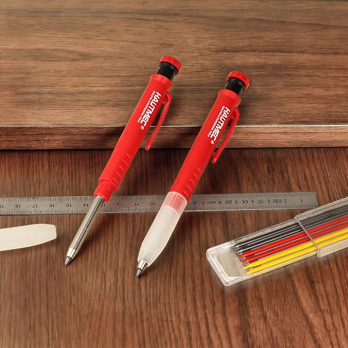HAUTMEC 2-Pack Construction Pencil, Mechanical Carpenter Pencils with 7 Lead Refills, 2.8mm Heavy Duty Deep Hole Marker with Built-in Sharpener for Woodworking, Contractor & Electrician