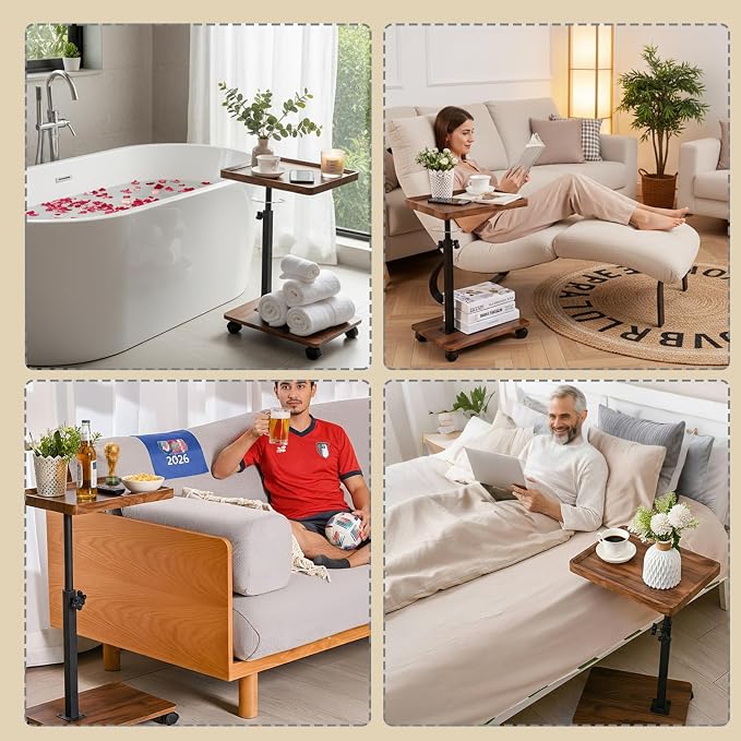 C Table End Table Adjustable Height,C Shaped End for Couch,Snack Tables,360°Swivel TV Tray Sofa Table,Tables that Slide Under,Coffee SideTable for Bed,Chair,Bath-tub (Original Wood Color)