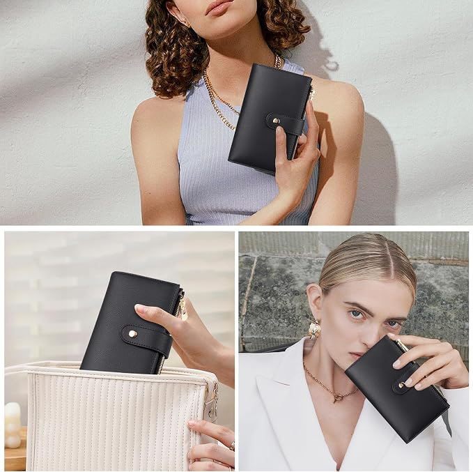 yiijay Wallet Women RFID Blocking Leather Trifold Clutch Wallet Credit Card Holder Ladies Travel Wallet Purse with Passport/Pen Holder