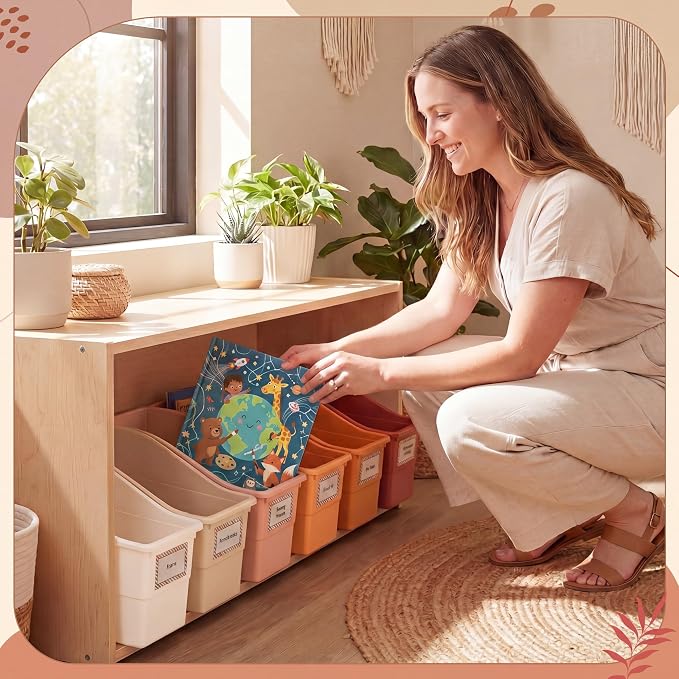 Blosssound 6 Set Book Bins for Classroom Stackable,Earth Tones | Plastic Baskets with Labels, Slanted Front, Library Supplies Organizers, Desktop Storage Bins, Teachers Home School Use