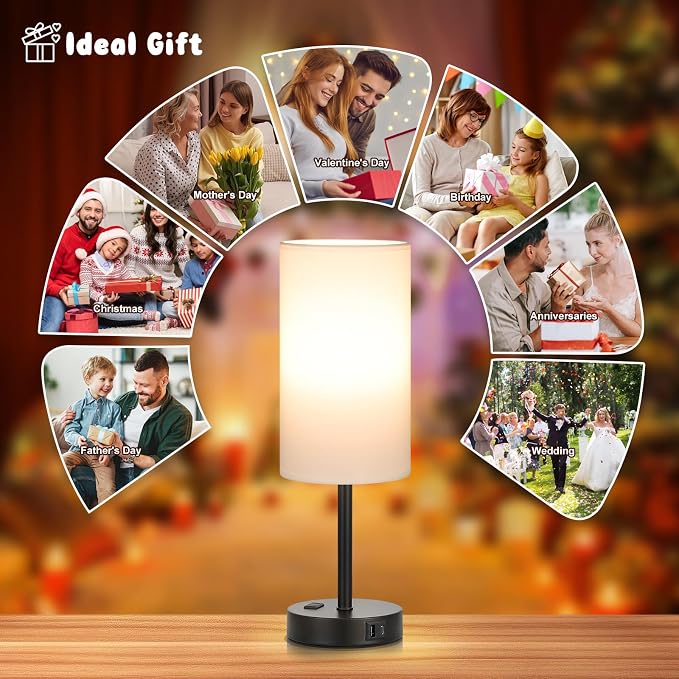 Touch Bedside Table Lamps Set of 2 - Bedroom Lamp with USB A+C, AC Outlet | 3-Way Dimmable, LED Bulb Included, White Fabric Lampshade, Matte Black Metal Base & Pole,17" Tall Nightstand Lamp for Desk