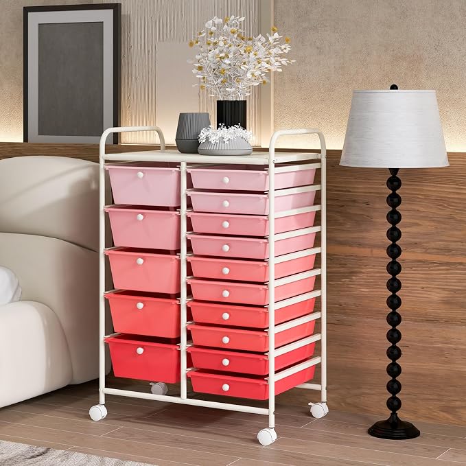 RELAX4LIFE 15-Drawer Storage Drawer Carts - Mobile Rolling Utility Cart w/Wheels, Craft Organizer for Classroom Organization and Storage, School, Office, Home, Storage Organizer Cart (Gradient Pink)