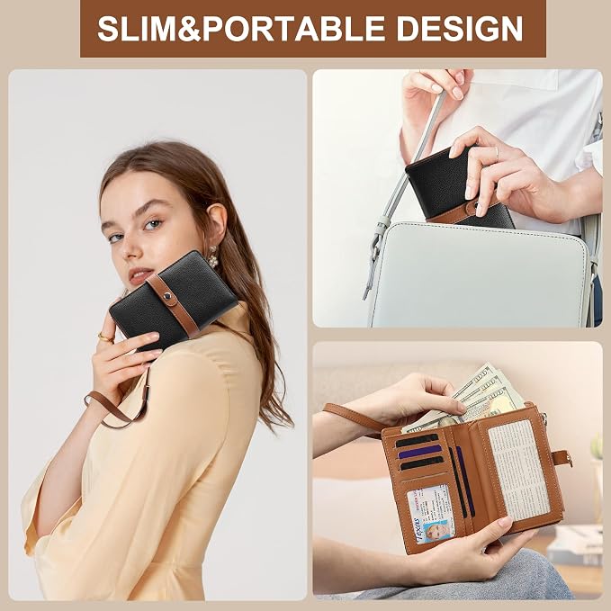 Small Wallet Women RFID Blocking Vegan Leather Slim Thin Bifold Credit Card Wallet Passport Holder Ladies Travel Wallet Mini Purse with Zipper Pocket