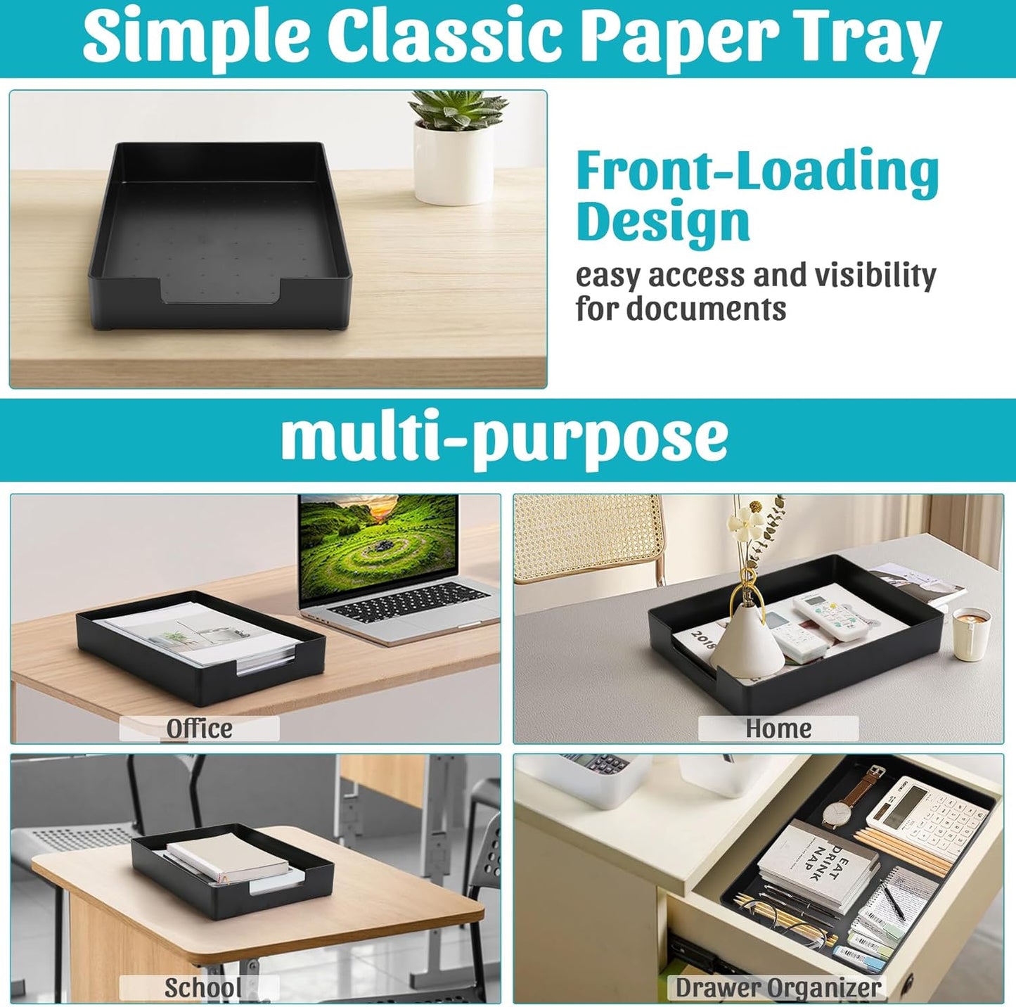 Letter-Size Tray Desk Letter Tray Paper Tray, Sturdy Heavy-Duty Plastic Printer Paper Tray, Single-Tier Stackable File Storage Organizer for Office Home (1, Black)