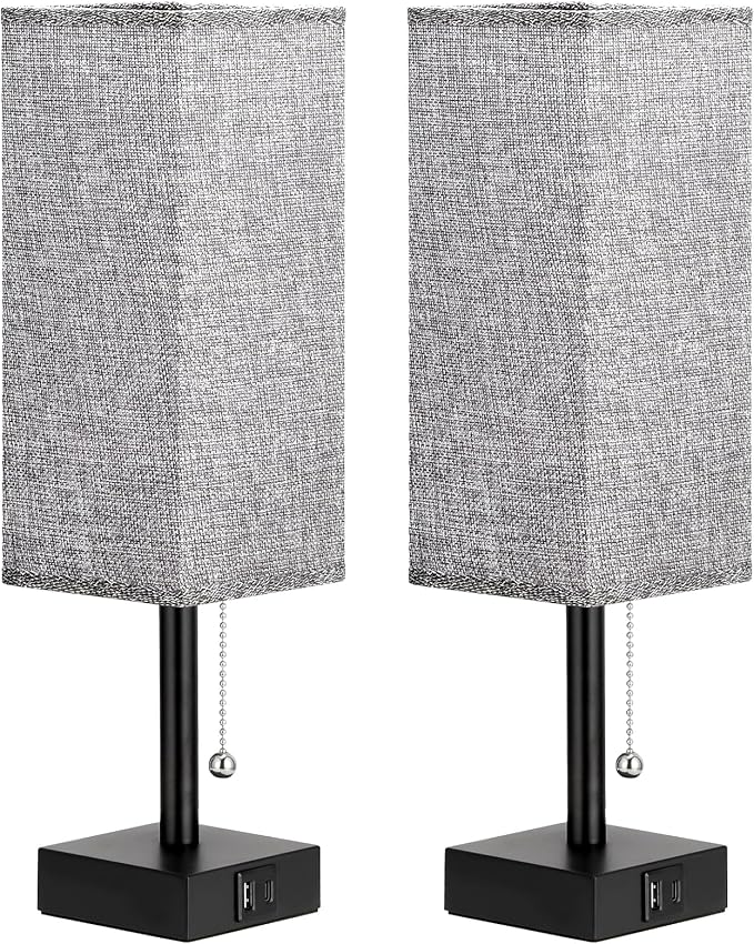 Set of 2 Grey Bedside Table Lamps for Bedroom - Nightstand Lamp, USB C+A | Pull Chain Lamp, 3 Color Modes(3000K/4000K/5000K), E26 LED Bulb Included, Square Grey Fabric Lampshade, for Read, Work, Dorm