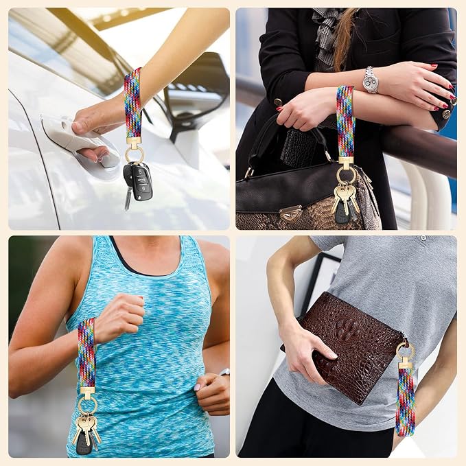 Fishent Stretchy Wristlet Keychain, Cute Key Chain, Woven Wrist Lanyard for Car Keys with 3 Keyrings and D-ring for Women Men