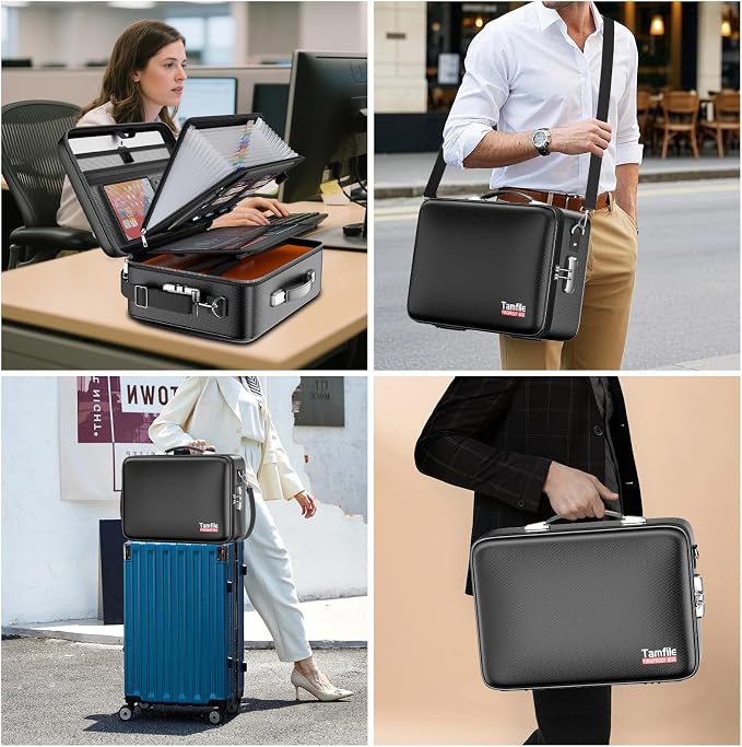 Tamfile Fireproof Document Box, Hard Case Safe File Box with Lock, Black | 5200°F, Water Resistant,8-Layer Fireproof Safe File Organizer with Accordion File Folder for Important Documents,Passports