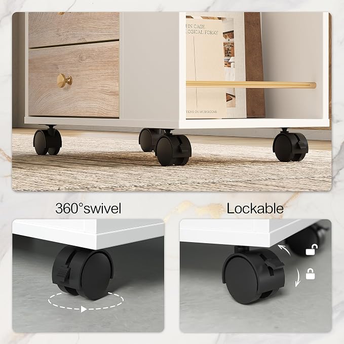 Mobile File Cabinet Under Desk with 3 Drawer, Lockable Wheels | Rolling Filing Cabinet, Utility Cart with Open Storage Shelves Home Office Fits A4/Legal, 19.7" x 11.8" x 26.3", Light Walnut