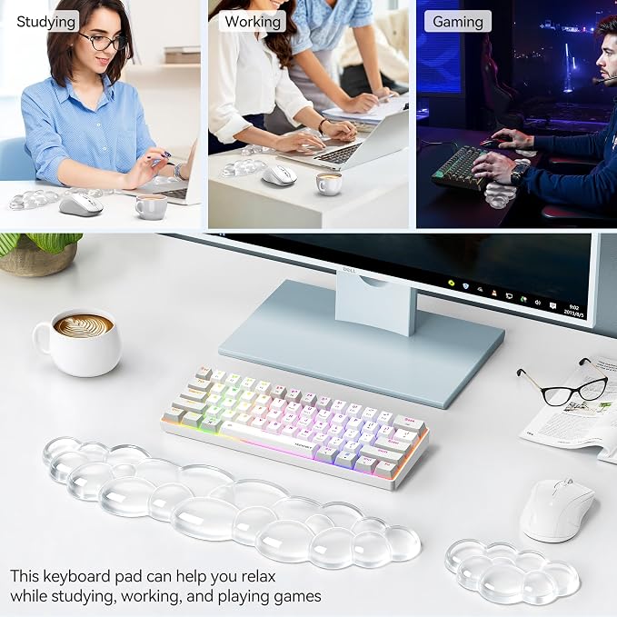 TECKNET Gel Cloud Wrist Rest Set, Cloud Wrist Rest with Non-Slip Base, Clear Wrist Pad for Keyboard with Mouse Wrist Rest for Computer Laptop Office Gaming and Pain Relief, Transparent