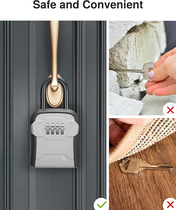 Puroma Lock Box, Key Lock Box Wall Mount & Portable Combination Lockbox with Resettable Code, Security Lockbox for Outside House Keys, Apartment Realtors Spare Keys Storage (4 Pack, Gray)