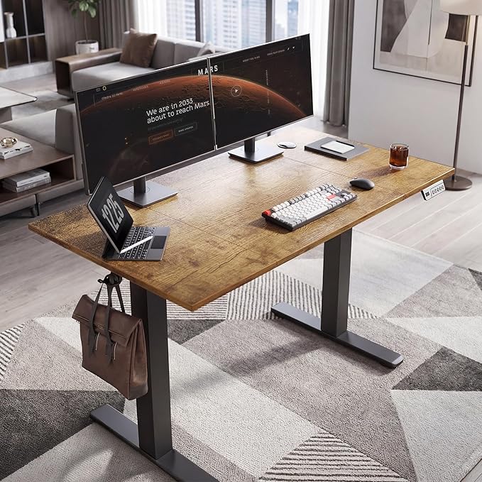 Claiks Electric Standing Desk, Adjustable Height Stand up Desk, 48 * 24 Inches Sit Stand Home Office Desk with Splice Board, Black Frame/Vintage Brown Top